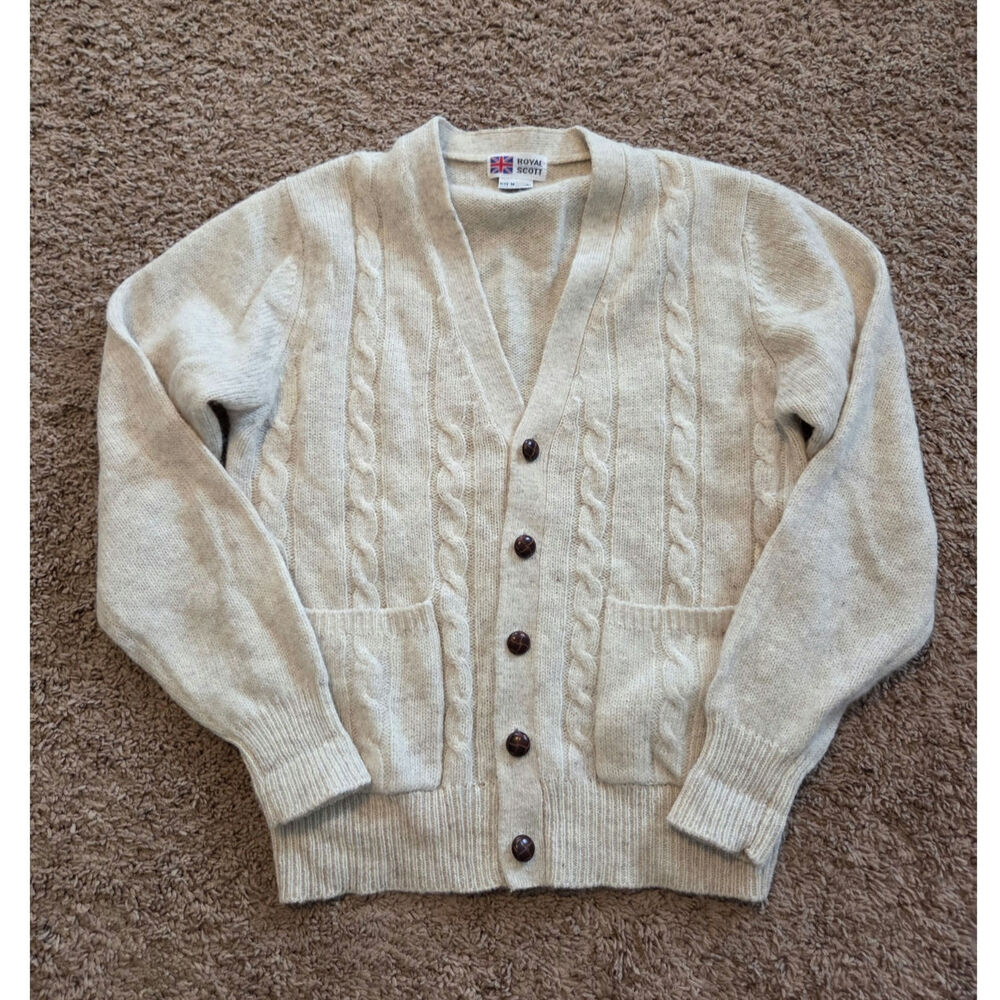 Royal scott vtg shetland wool cable knit cardigan sweater cream preppy M